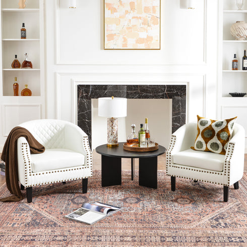 Louis Faux Leather Tufted Club Chair - White Accent Chair | Decorative Accent Chairs | Kinwell Furniture | Modern Club Chairs | Barrel Club Chair | Nailhead Trim Chair | Contemporary Faux Leather Chair | Elegant White Chair